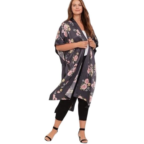 Torrid Kimono Robe Side Tie Open Front Gray Pink Floral Satin Women’s Plus OS - Picture 1 of 13